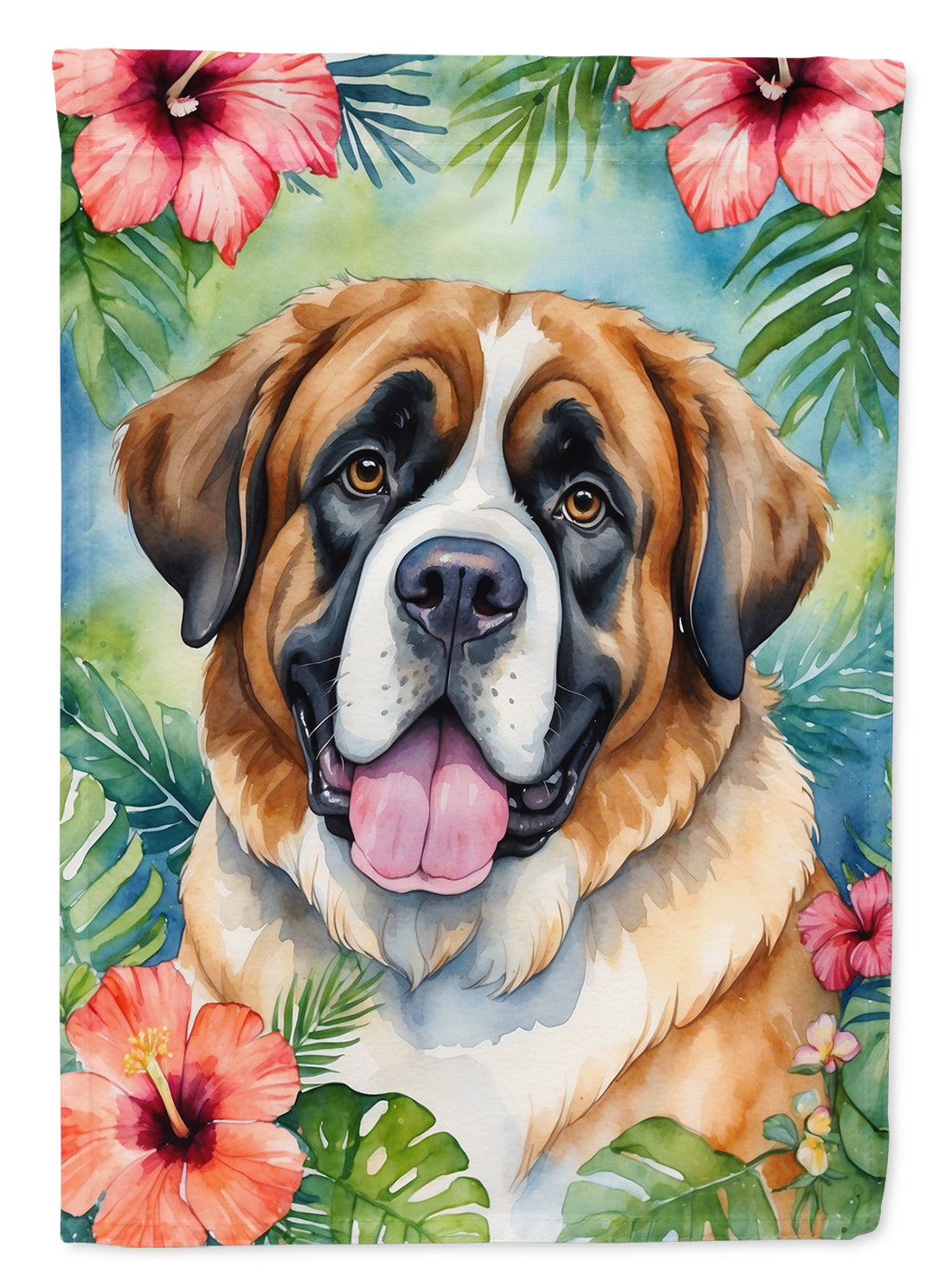 Saint Bernard Luau House Flag 28x40 Porch Sleeve Pole Decorative Outside Yard Banner Artwork Wall Hanging, Polyester
