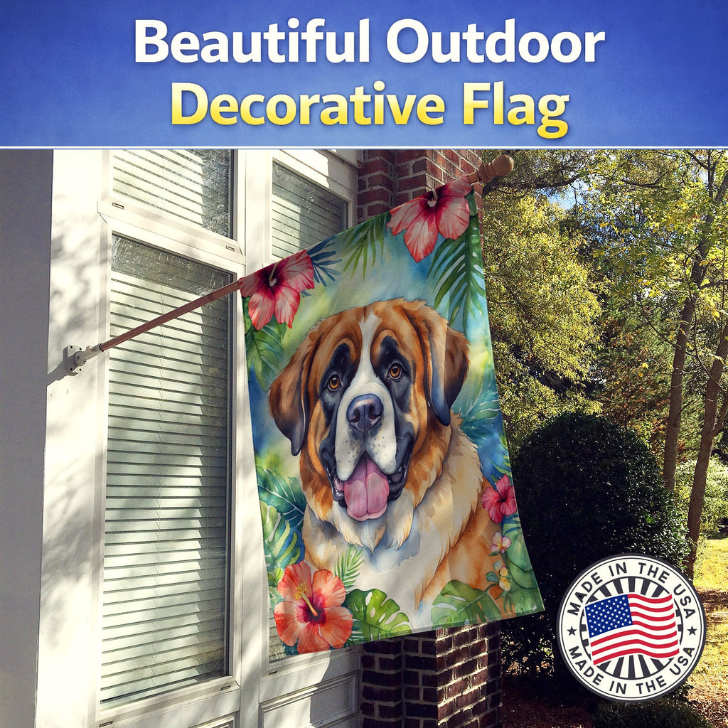 Saint Bernard Luau House Flag 28x40 Porch Sleeve Pole Decorative Outside Yard Banner Artwork Wall Hanging, Polyester