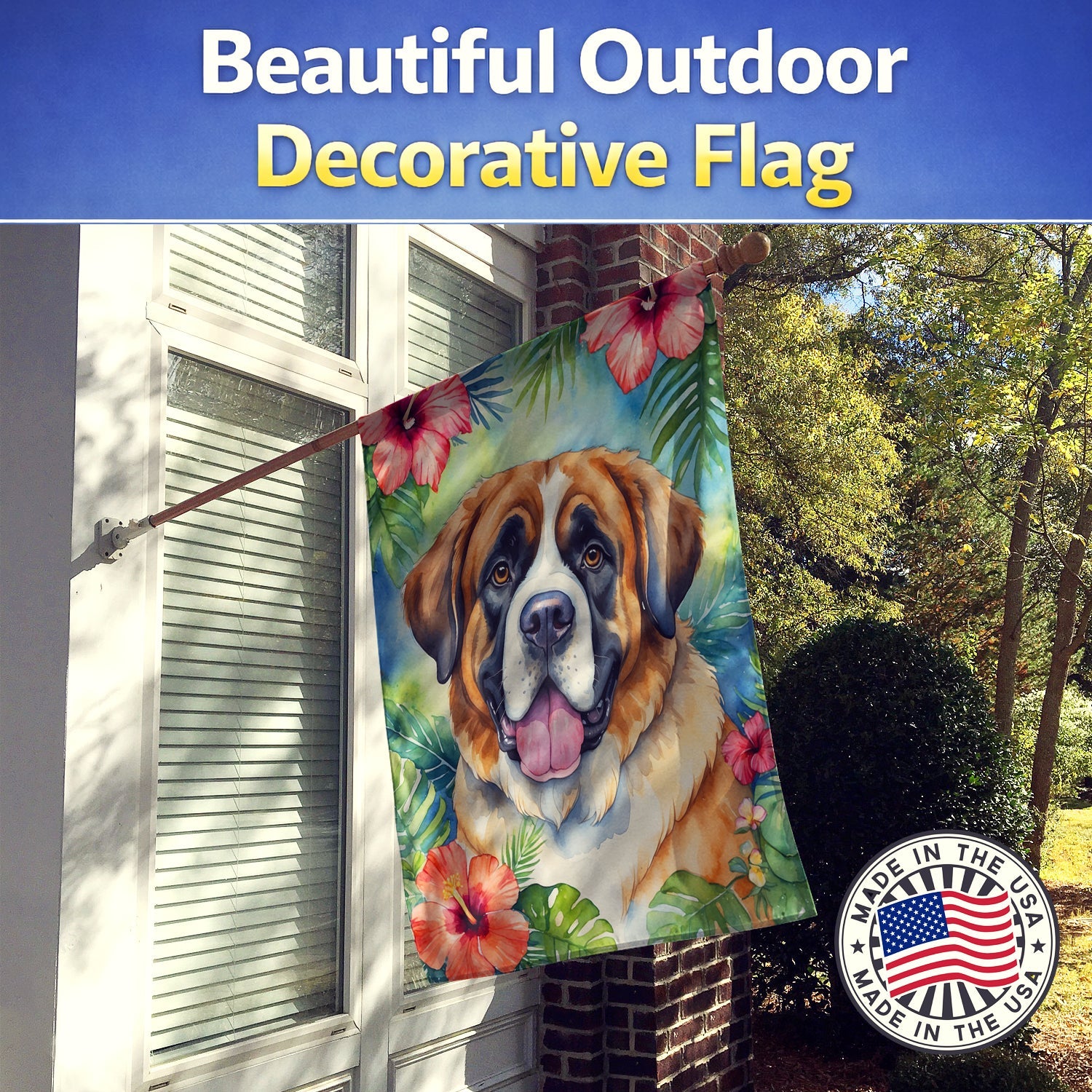 Saint Bernard Luau House Flag 28x40 Porch Sleeve Pole Decorative Outside Yard Banner Artwork Wall Hanging, Polyester