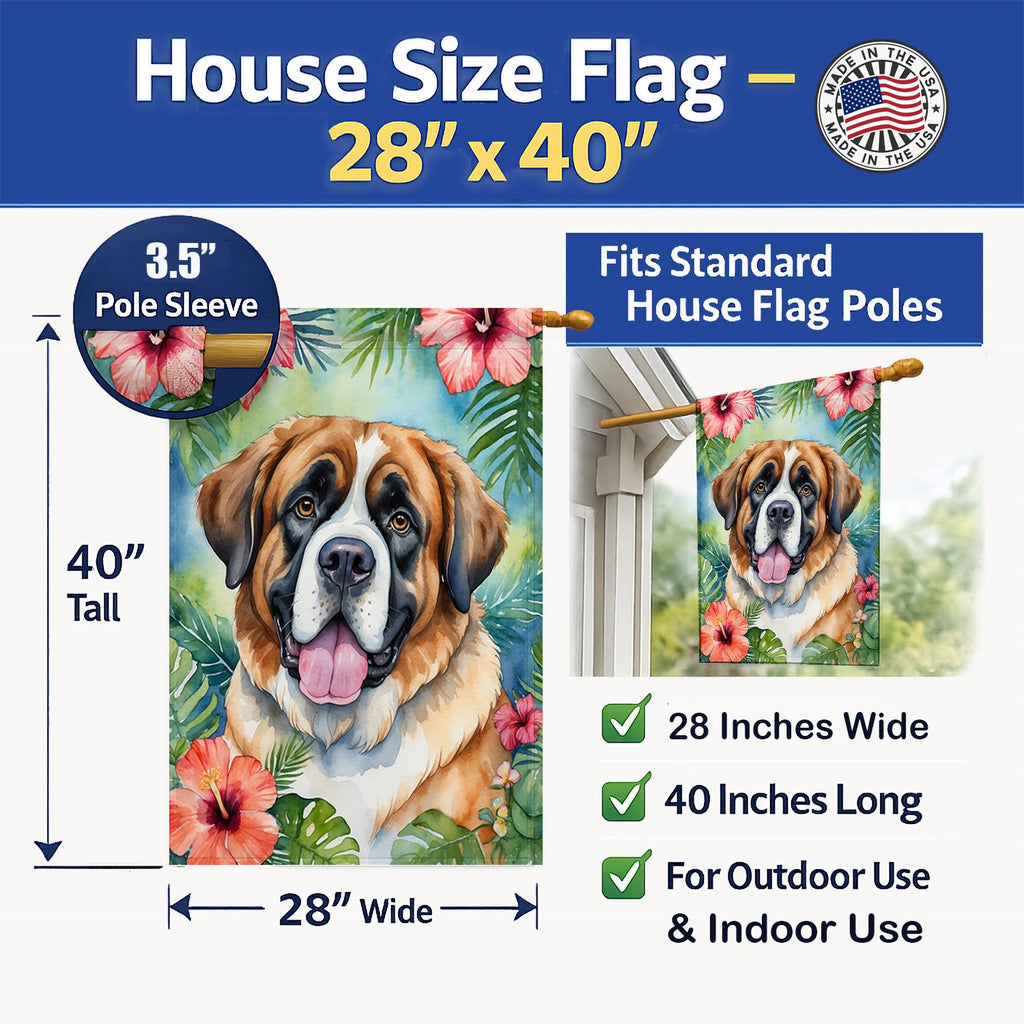 Saint Bernard Luau House Flag 28x40 Porch Sleeve Pole Decorative Outside Yard Banner Artwork Wall Hanging, Polyester