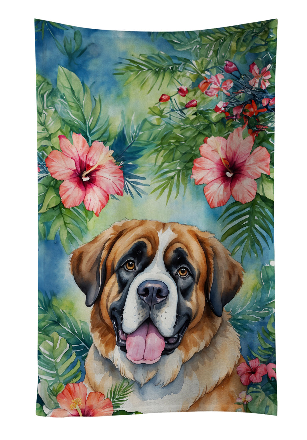Saint Bernard Luau Kitchen Towel Velour Plush Front and Cotton Loop Back Machine Washable