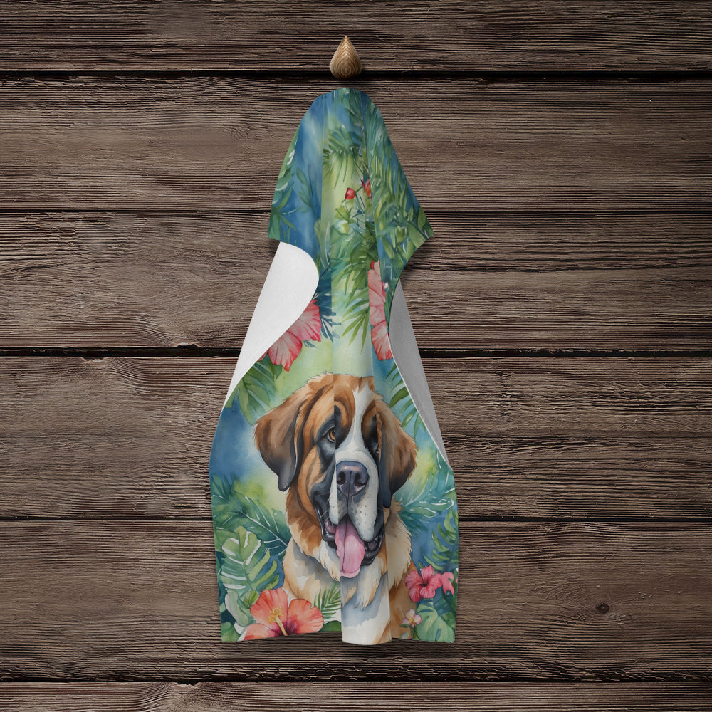 Saint Bernard Luau Kitchen Towel Velour Plush Front and Cotton Loop Back Machine Washable