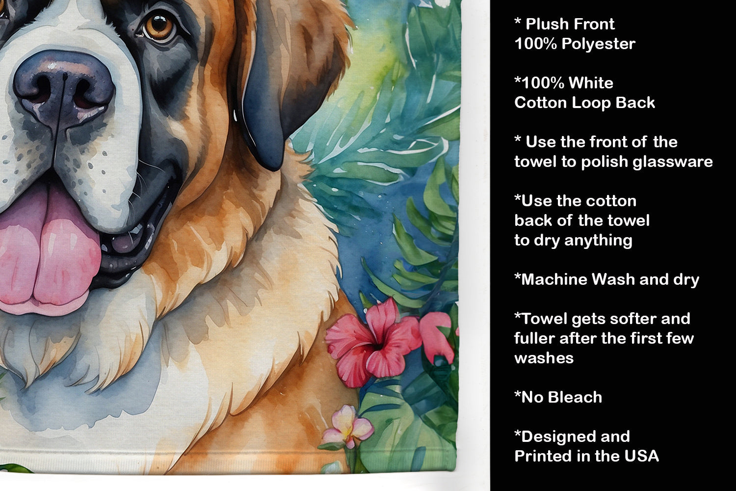 Saint Bernard Luau Kitchen Towel Velour Plush Front and Cotton Loop Back Machine Washable