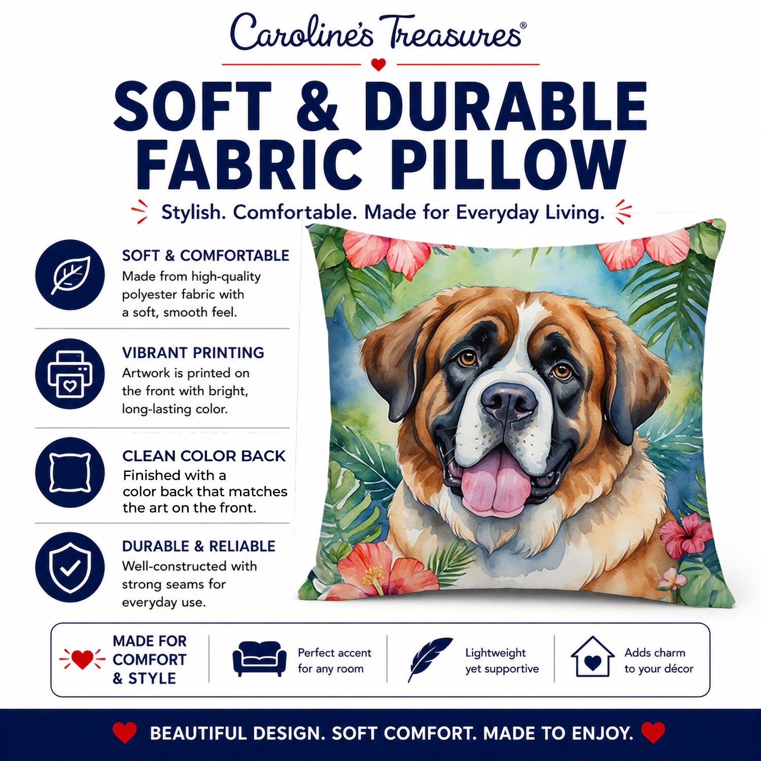 Saint Bernard Luau Decorative Throw Pillow 14x14 Indoor Outdoor Accent Cushion, Fabric Cover with Insert for Sofa, Bed, Porch & Living Room