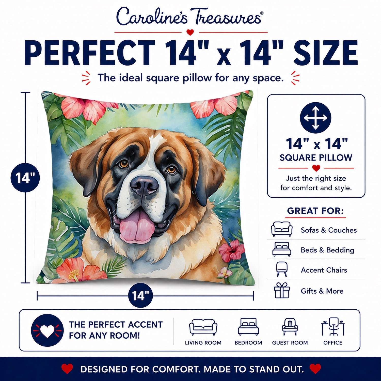 Saint Bernard Luau Decorative Throw Pillow 14x14 Indoor Outdoor Accent Cushion, Fabric Cover with Insert for Sofa, Bed, Porch & Living Room