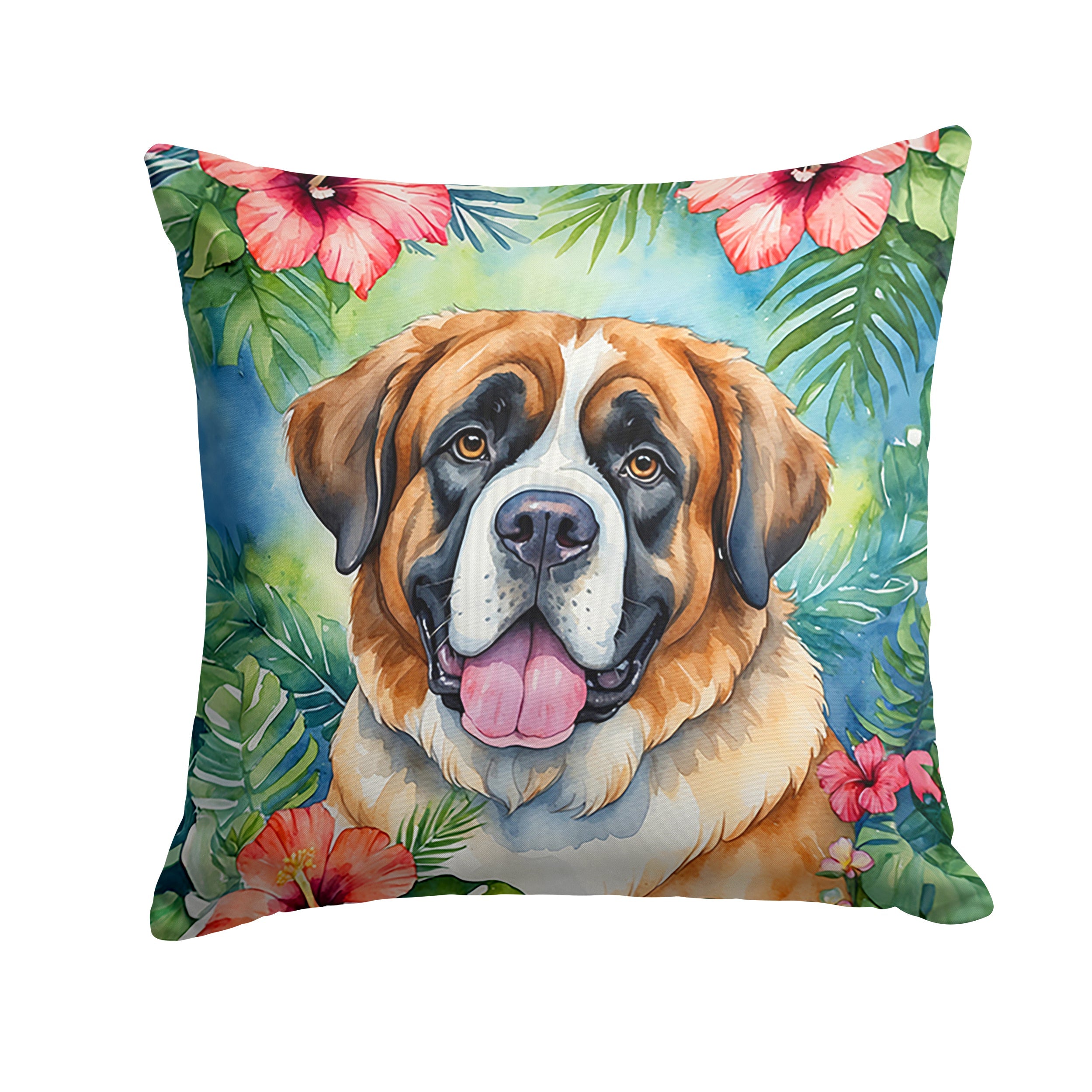 Saint Bernard Luau Decorative Throw Pillow 18x18 Indoor Outdoor Accent Cushion, Fabric Cover with Insert for Sofa, Bed, Porch & Living Room