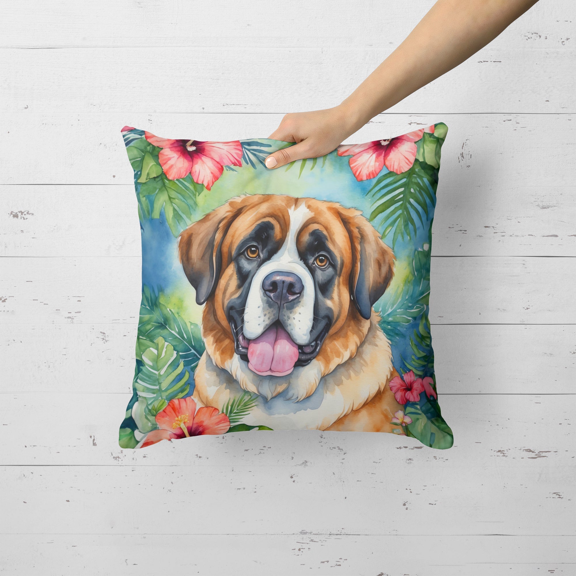 Saint Bernard Luau Decorative Throw Pillow 18x18 Indoor Outdoor Accent Cushion, Fabric Cover with Insert for Sofa, Bed, Porch & Living Room