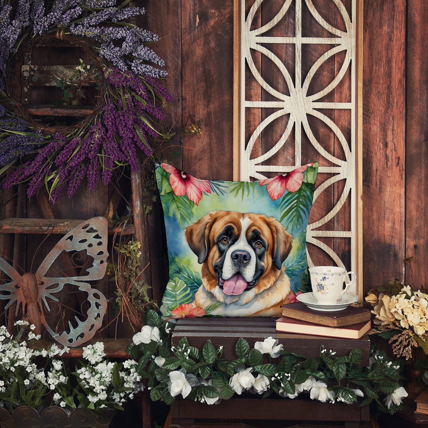 Saint Bernard Luau Decorative Throw Pillow 18x18 Indoor Outdoor Accent Cushion, Fabric Cover with Insert for Sofa, Bed, Porch & Living Room