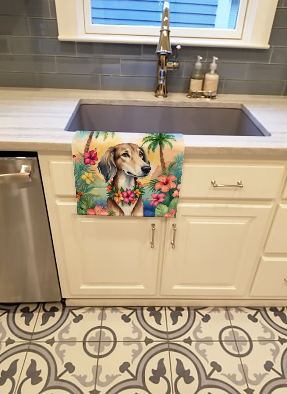 Saluki Luau Kitchen Towel Velour Plush Front and Cotton Loop Back Machine Washable