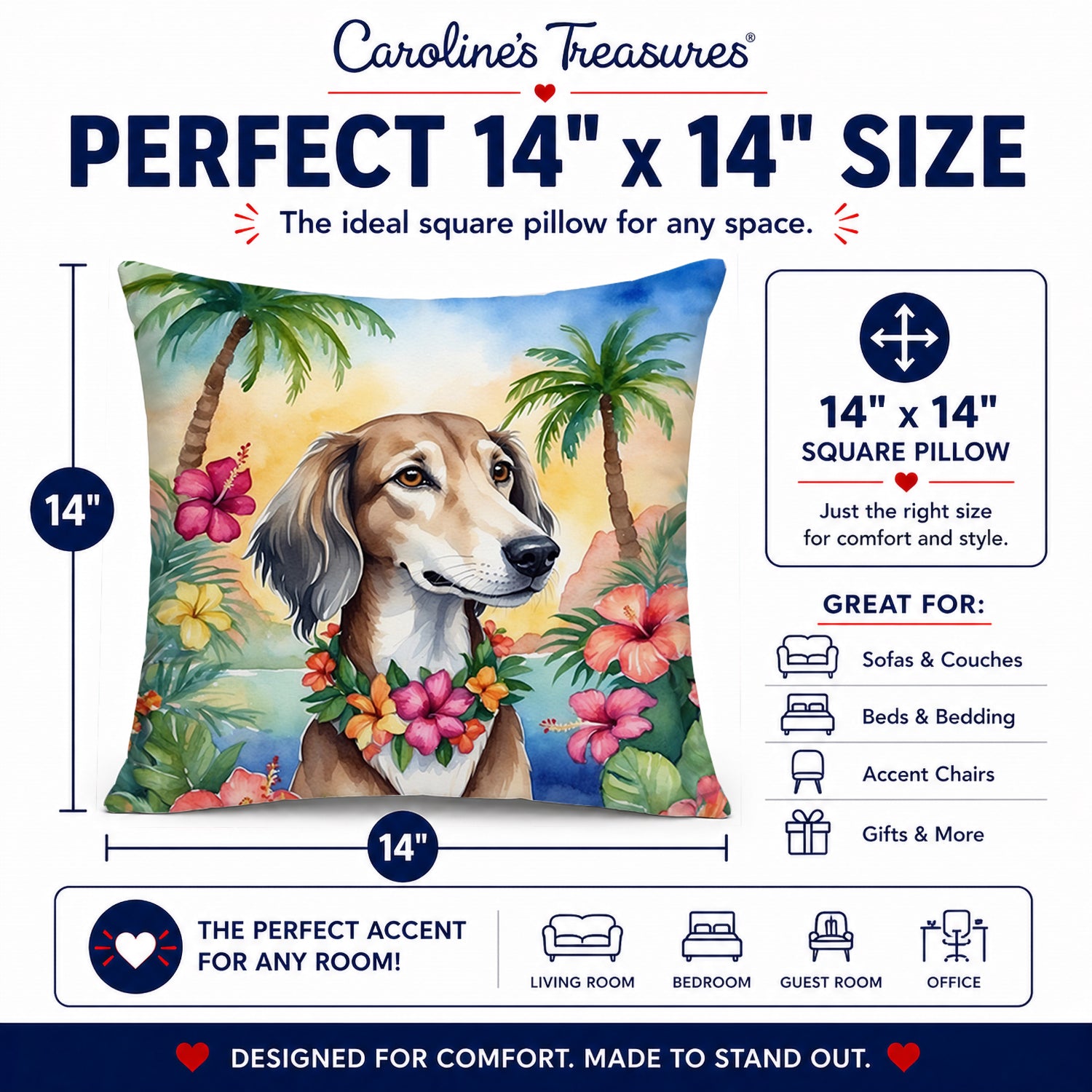 Saluki Luau Decorative Throw Pillow 14x14 Indoor Outdoor Accent Cushion, Fabric Cover with Insert for Sofa, Bed, Porch & Living Room