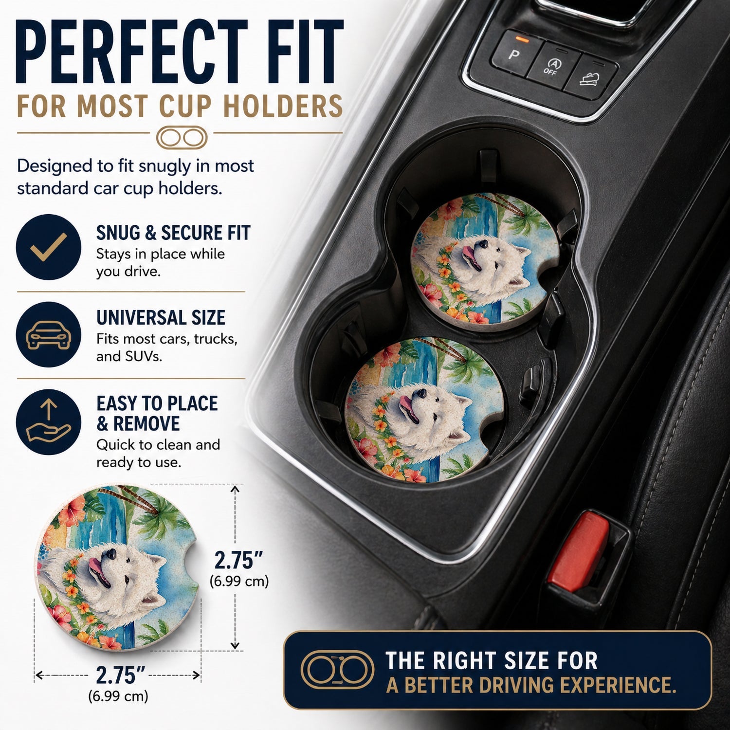 Samoyed Luau Set of 2 Cup Holder Car Coasters Absorbent Round Sandstone Coasters Gifts for Men or Women, 2.5, Multicolor