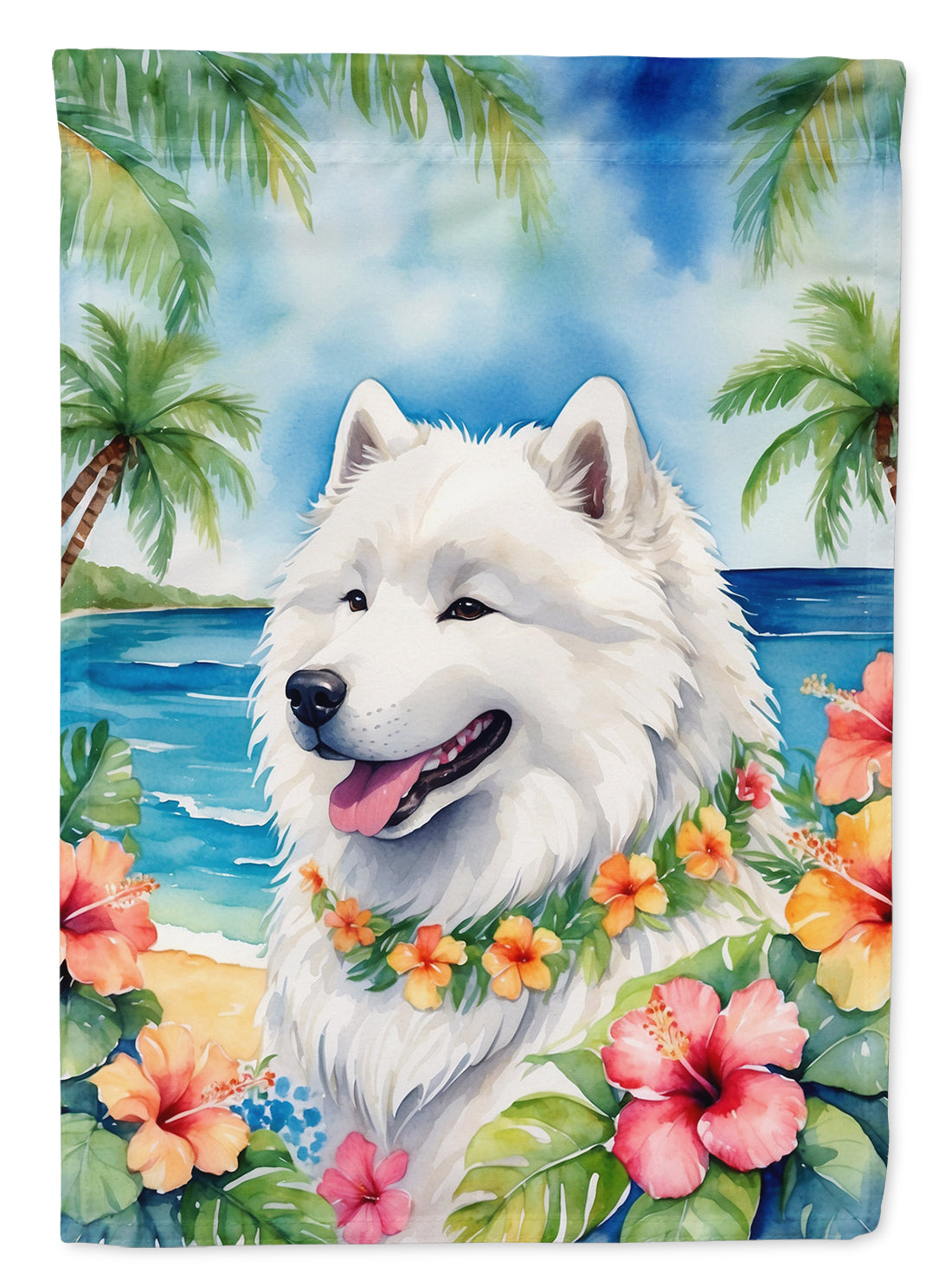 Samoyed Luau House Flag 28x40 Porch Sleeve Pole Decorative Outside Yard Banner Artwork Wall Hanging, Polyester