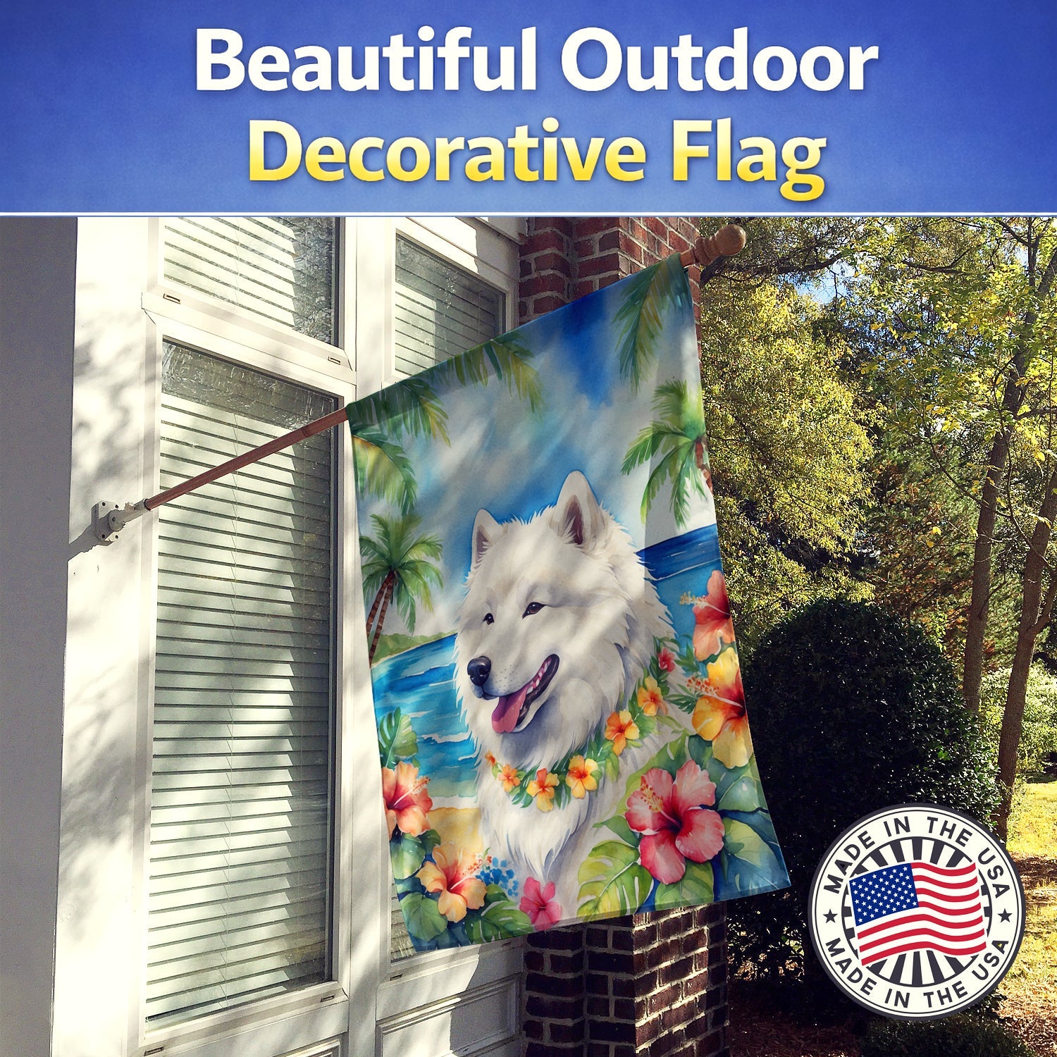 Samoyed Luau House Flag 28x40 Porch Sleeve Pole Decorative Outside Yard Banner Artwork Wall Hanging, Polyester