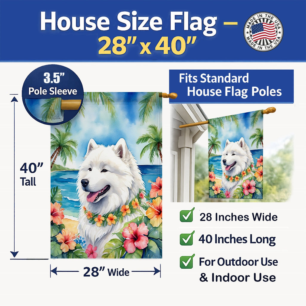 Samoyed Luau House Flag 28x40 Porch Sleeve Pole Decorative Outside Yard Banner Artwork Wall Hanging, Polyester
