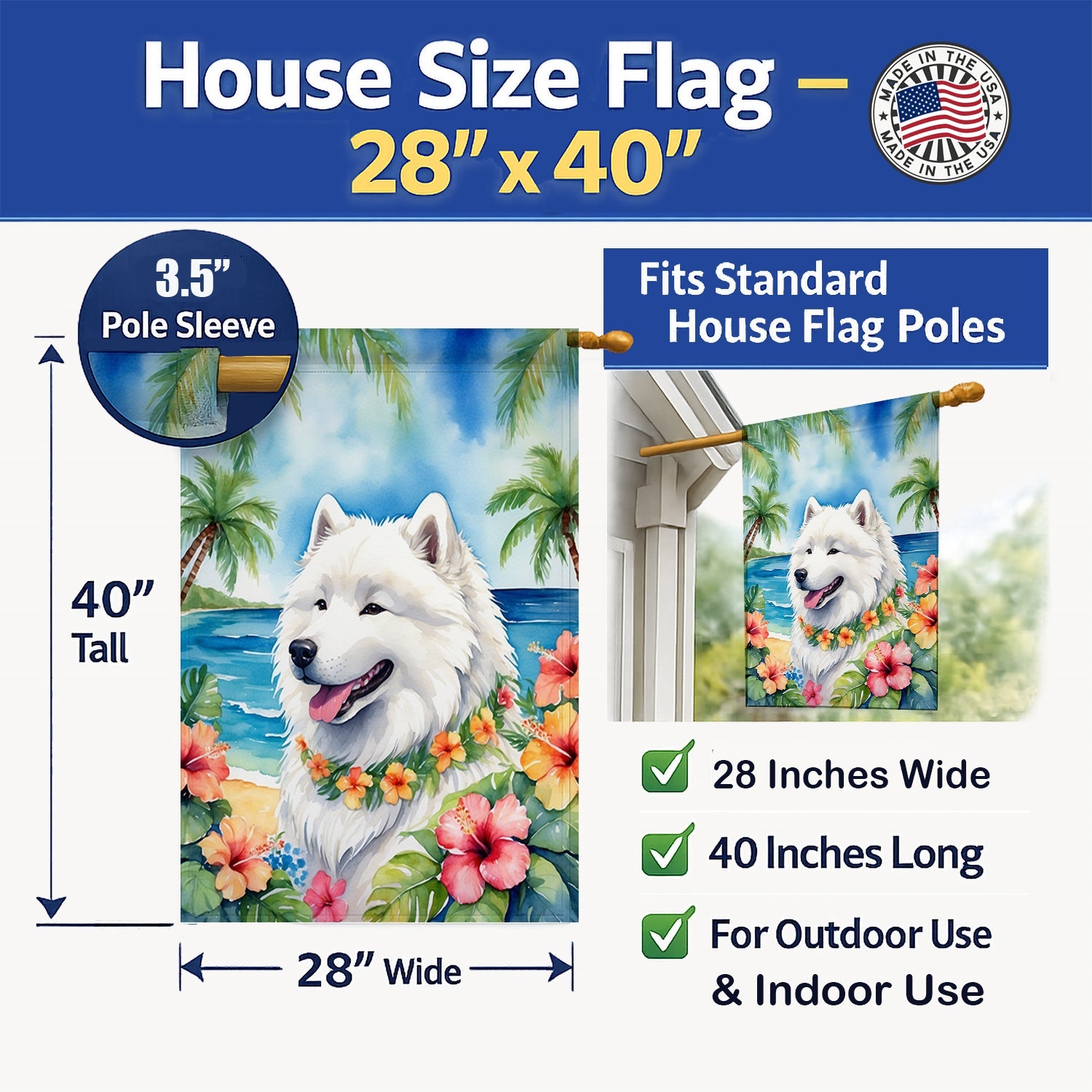 Samoyed Luau House Flag 28x40 Porch Sleeve Pole Decorative Outside Yard Banner Artwork Wall Hanging, Polyester