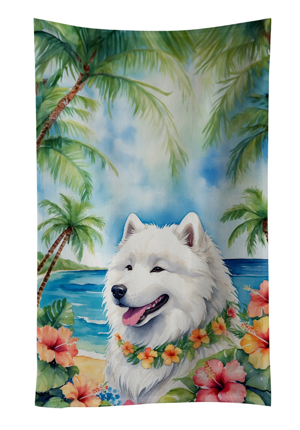 Samoyed Luau Kitchen Towel Velour Plush Front and Cotton Loop Back Machine Washable