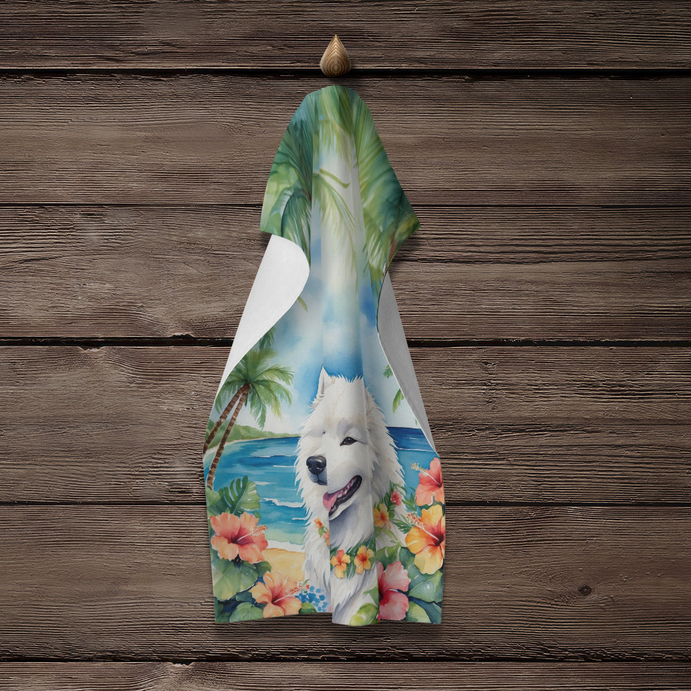 Samoyed Luau Kitchen Towel Velour Plush Front and Cotton Loop Back Machine Washable
