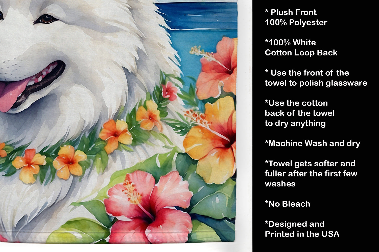 Samoyed Luau Kitchen Towel Velour Plush Front and Cotton Loop Back Machine Washable