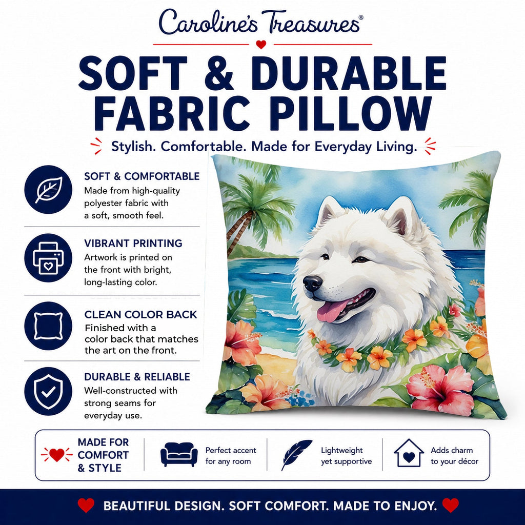 Samoyed Luau Decorative Throw Pillow 14x14 Indoor Outdoor Accent Cushion, Fabric Cover with Insert for Sofa, Bed, Porch & Living Room