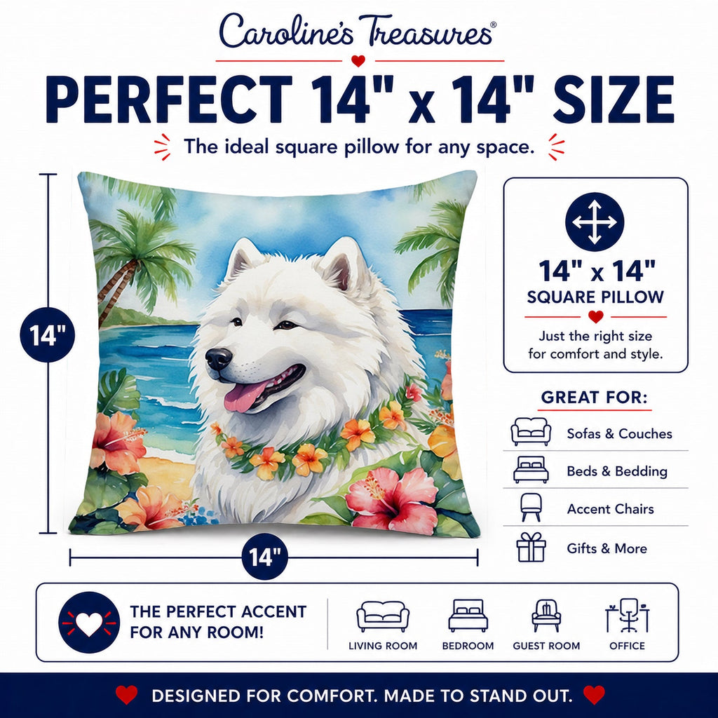 Samoyed Luau Decorative Throw Pillow 14x14 Indoor Outdoor Accent Cushion, Fabric Cover with Insert for Sofa, Bed, Porch & Living Room