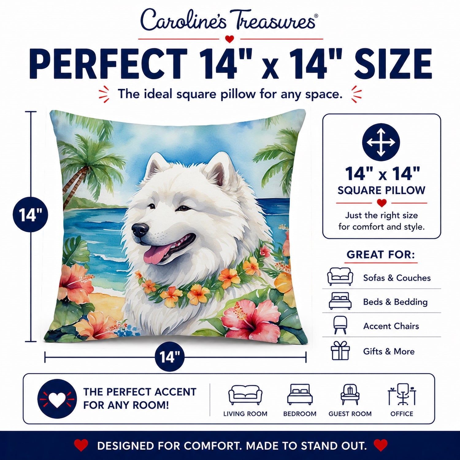 Samoyed Luau Decorative Throw Pillow 14x14 Indoor Outdoor Accent Cushion, Fabric Cover with Insert for Sofa, Bed, Porch & Living Room