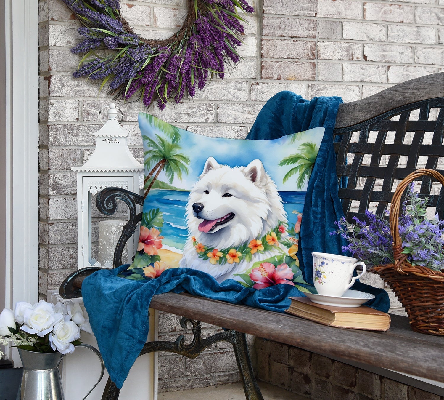 Samoyed Luau Decorative Throw Pillow 18x18 Indoor Outdoor Accent Cushion, Fabric Cover with Insert for Sofa, Bed, Porch & Living Room
