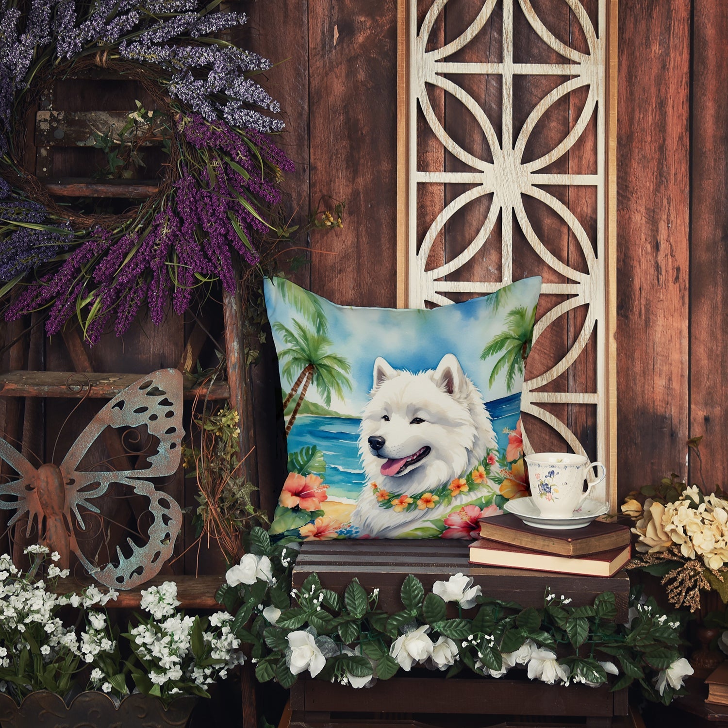 Samoyed Luau Decorative Throw Pillow 18x18 Indoor Outdoor Accent Cushion, Fabric Cover with Insert for Sofa, Bed, Porch & Living Room