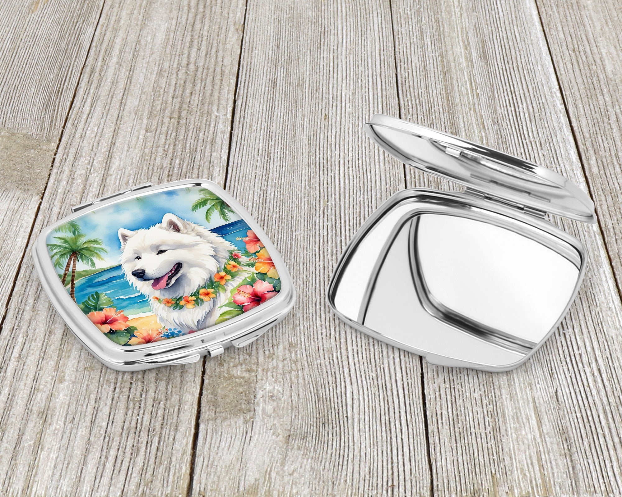 Samoyed Luau Compact Mirror Decorative Travel Makeup Mirror for Women Girls Gifts Pocket Makeup Mirror Folding Handheld