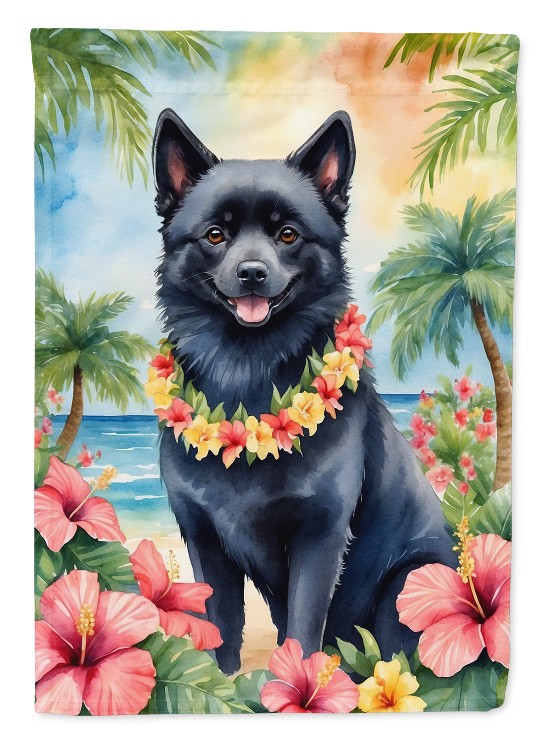 Schipperke Luau House Flag 28x40 Porch Sleeve Pole Decorative Outside Yard Banner Artwork Wall Hanging, Polyester