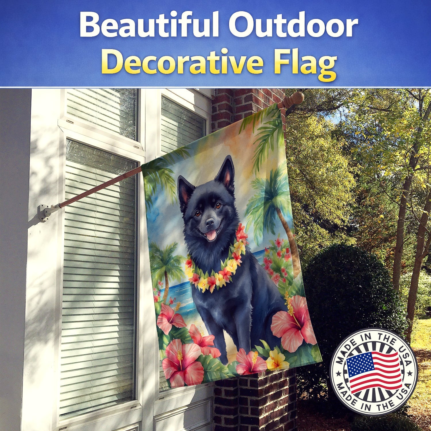 Schipperke Luau House Flag 28x40 Porch Sleeve Pole Decorative Outside Yard Banner Artwork Wall Hanging, Polyester