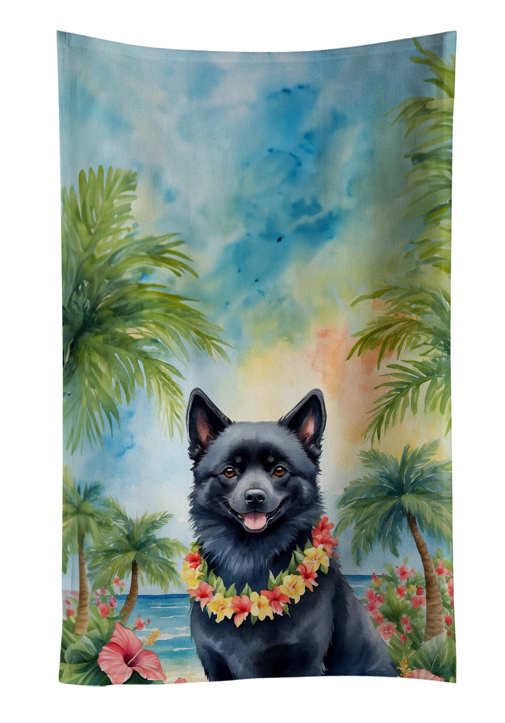 Schipperke Luau Kitchen Towel Velour Plush Front and Cotton Loop Back Machine Washable