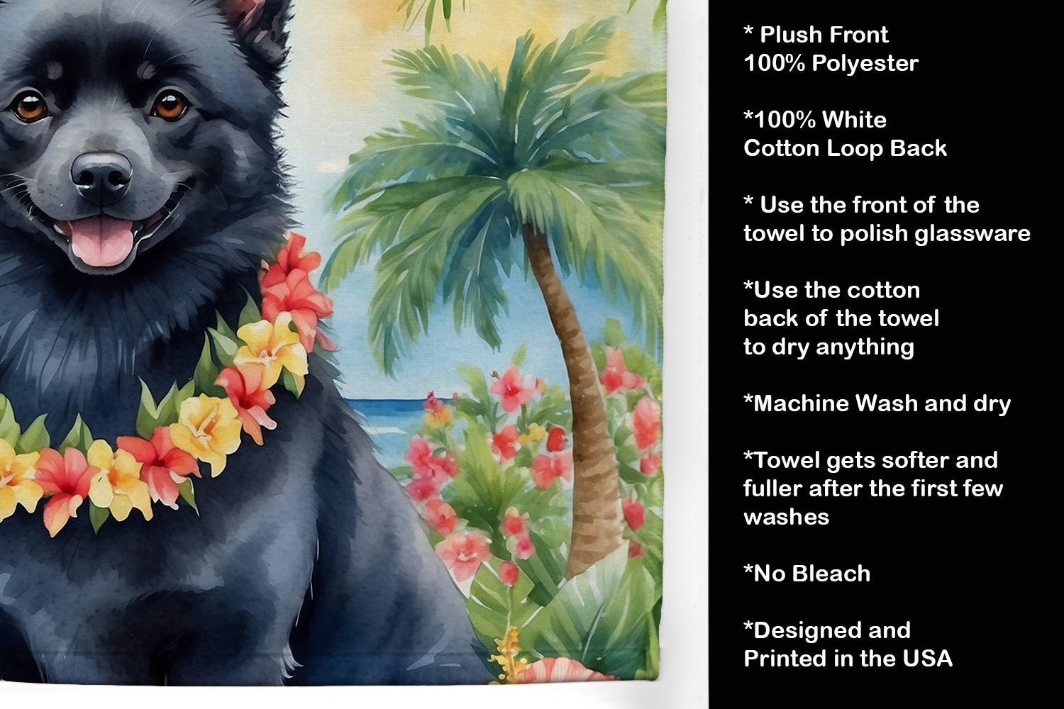 Schipperke Luau Kitchen Towel Velour Plush Front and Cotton Loop Back Machine Washable
