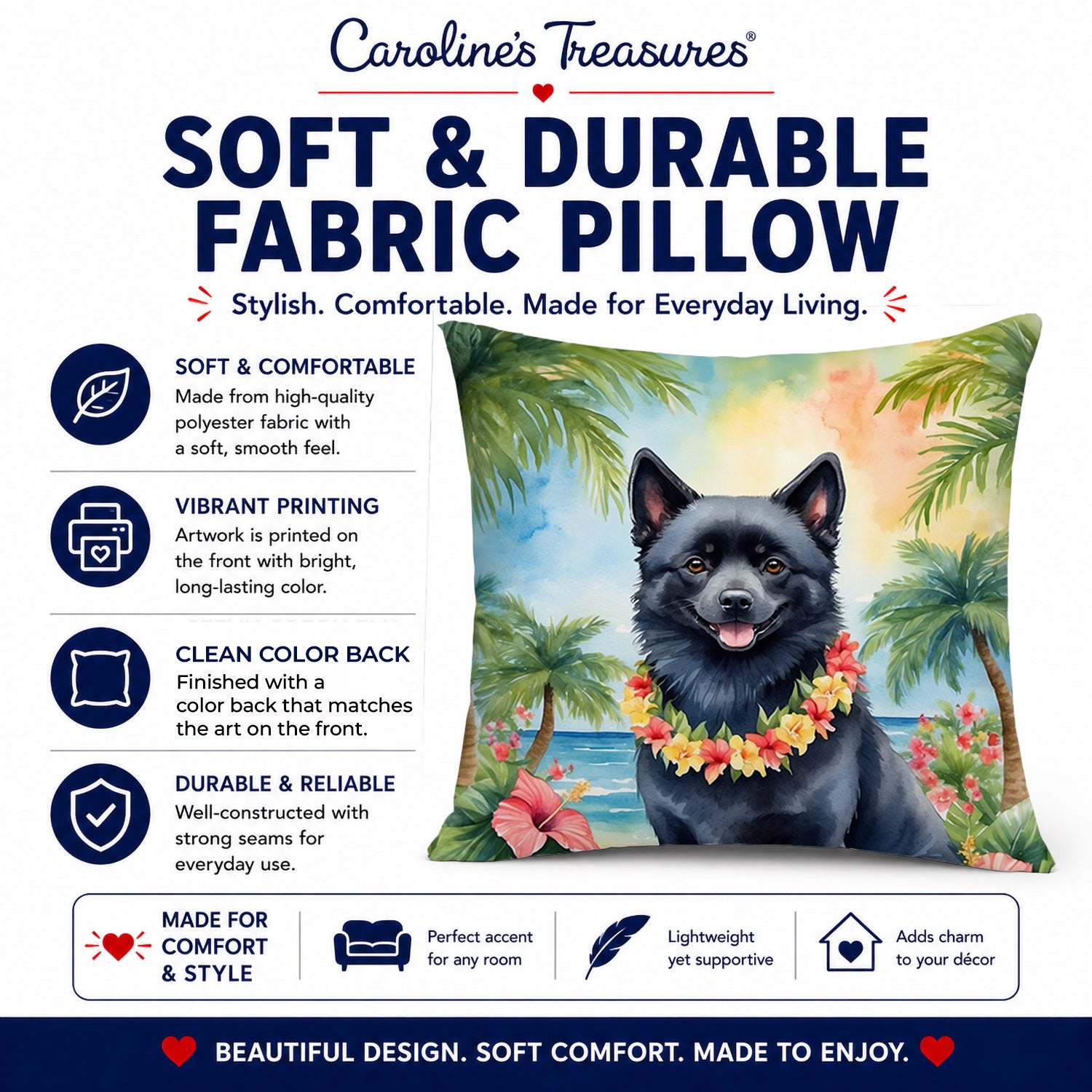 Schipperke Luau Decorative Throw Pillow 14x14 Indoor Outdoor Accent Cushion, Fabric Cover with Insert for Sofa, Bed, Porch & Living Room