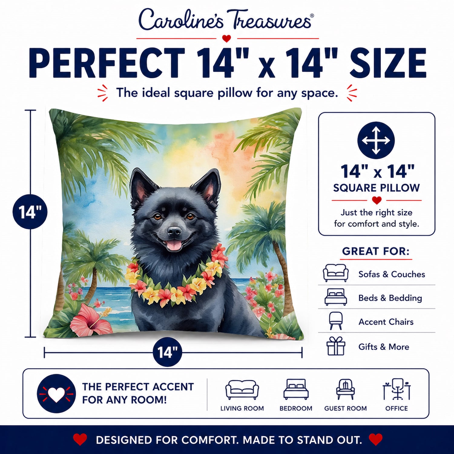 Schipperke Luau Decorative Throw Pillow 14x14 Indoor Outdoor Accent Cushion, Fabric Cover with Insert for Sofa, Bed, Porch & Living Room