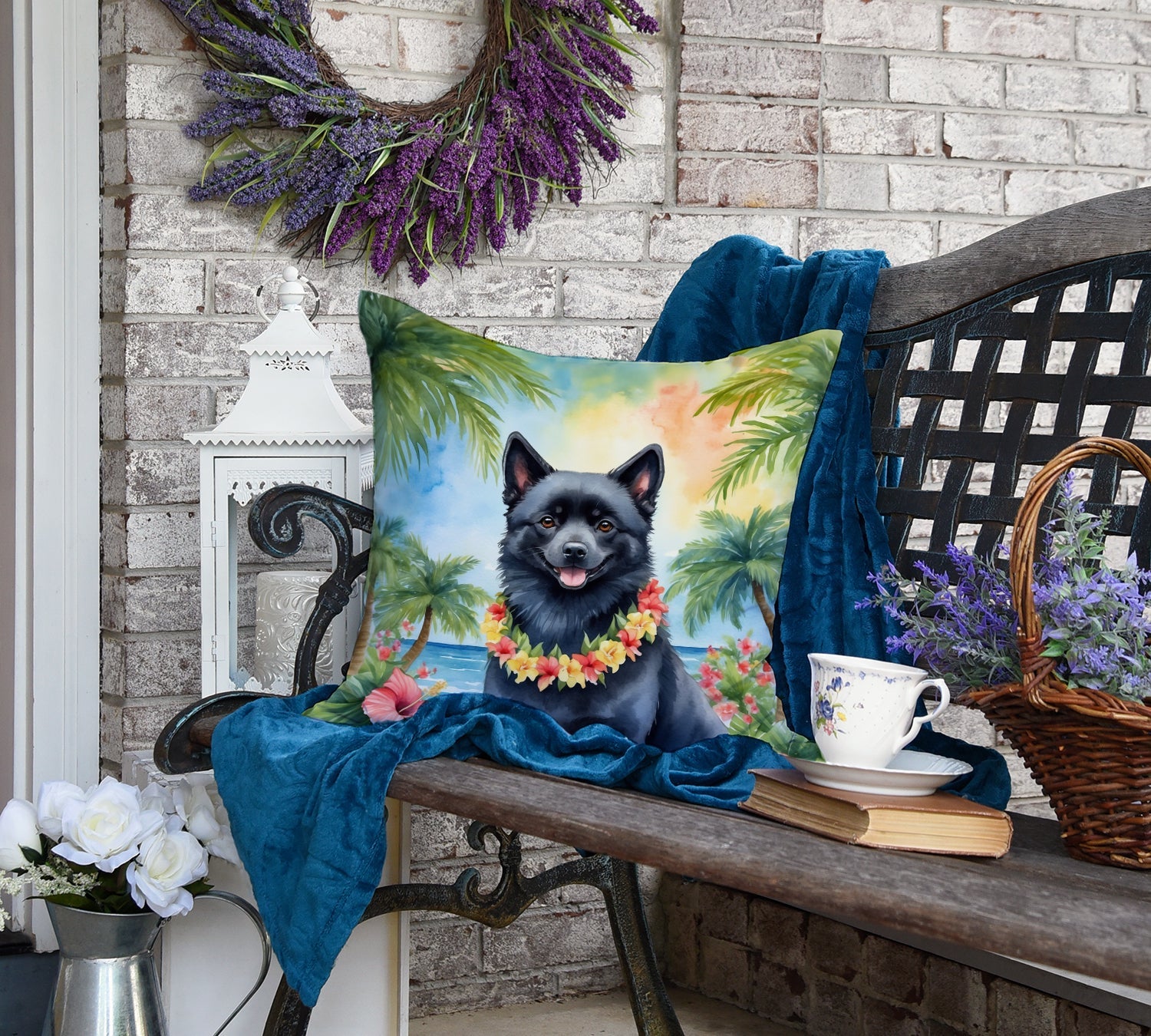 Schipperke Luau Decorative Throw Pillow 18x18 Indoor Outdoor Accent Cushion, Fabric Cover with Insert for Sofa, Bed, Porch & Living Room