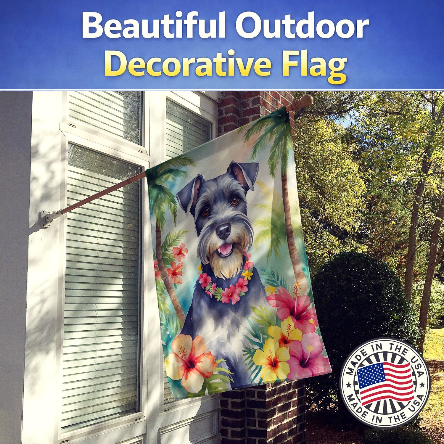 Schnauzer Luau House Flag 28x40 Porch Sleeve Pole Decorative Outside Yard Banner Artwork Wall Hanging, Polyester