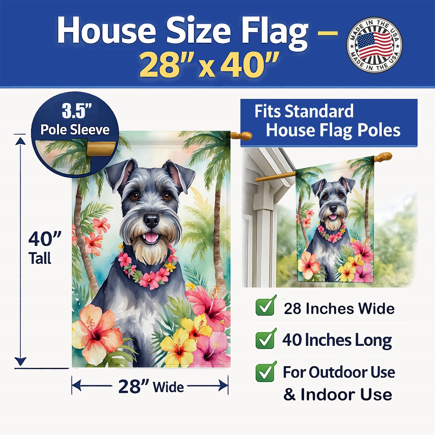 Schnauzer Luau House Flag 28x40 Porch Sleeve Pole Decorative Outside Yard Banner Artwork Wall Hanging, Polyester