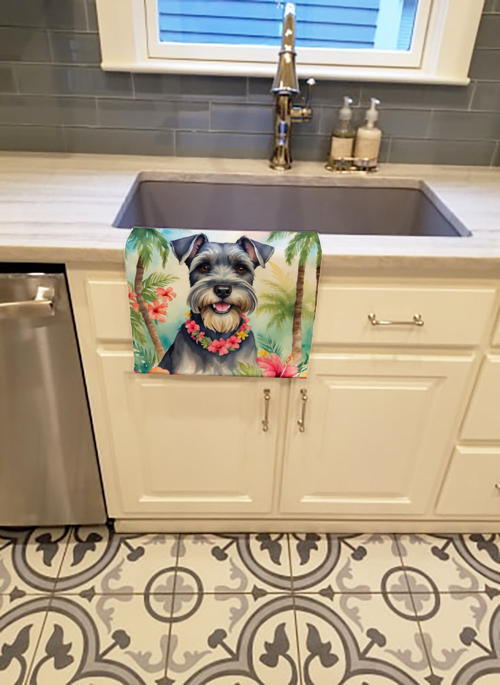 Schnauzer Luau Kitchen Towel Velour Plush Front and Cotton Loop Back Machine Washable