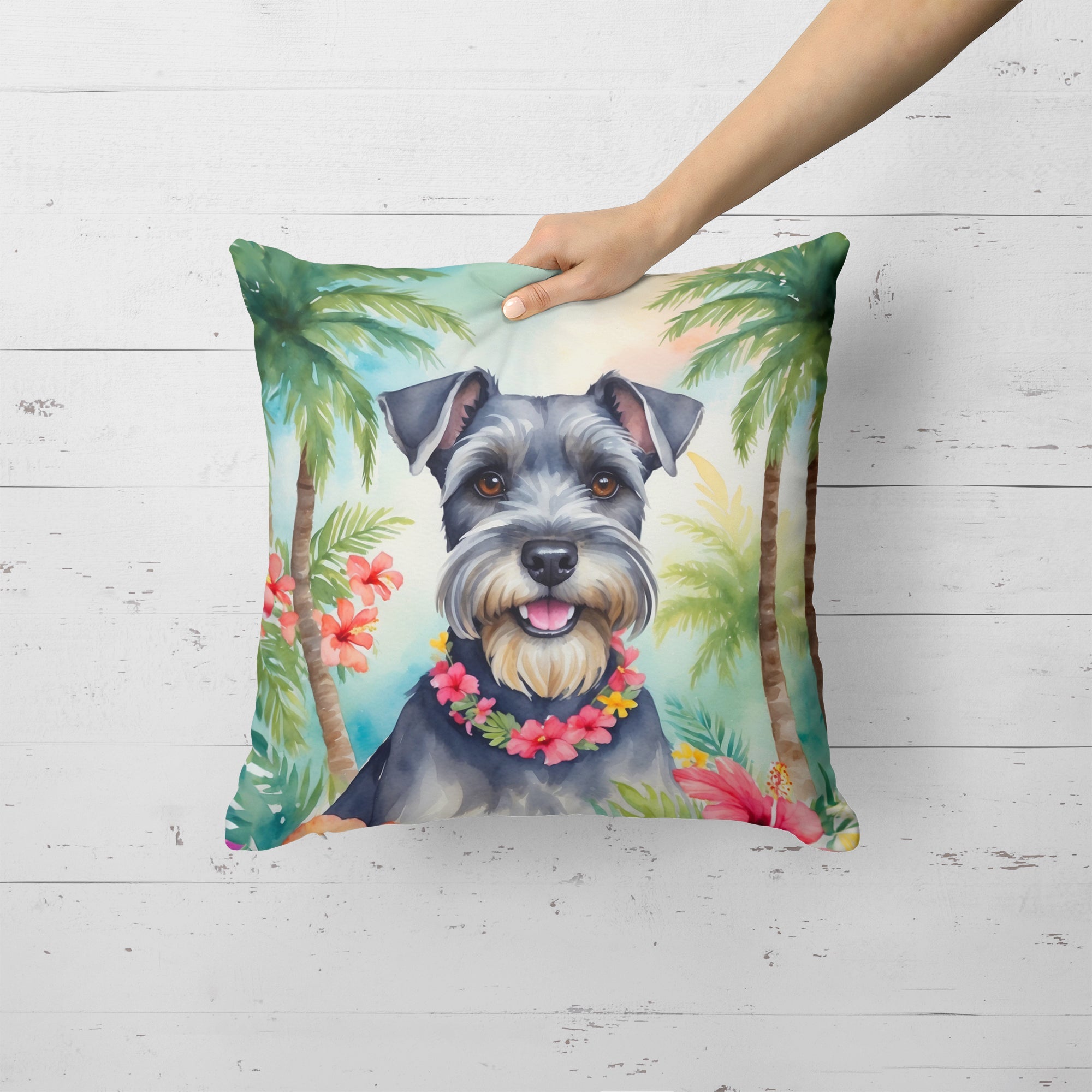 Schnauzer Luau Decorative Throw Pillow 18x18 Indoor Outdoor Accent Cushion, Fabric Cover with Insert for Sofa, Bed, Porch & Living Room