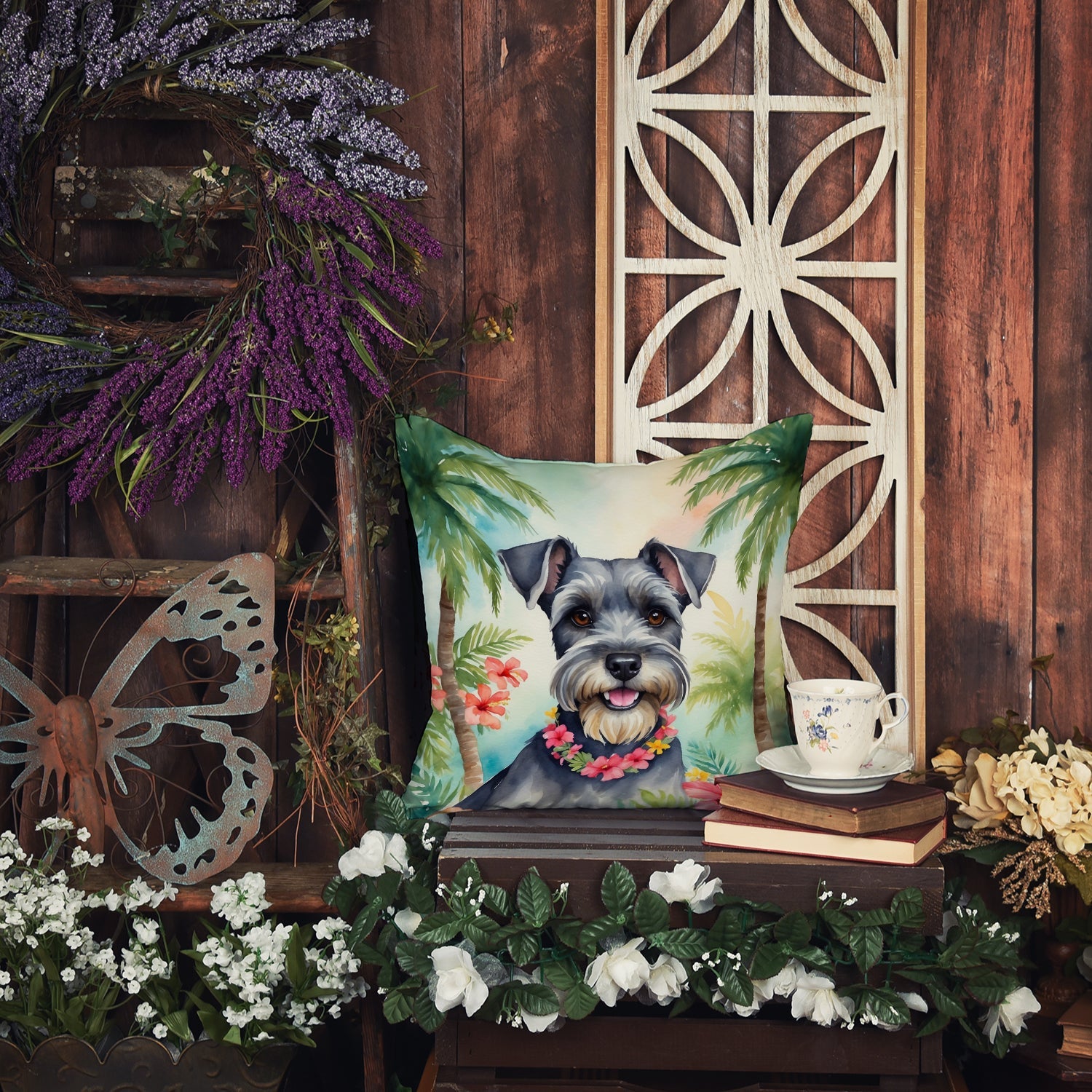 Schnauzer Luau Decorative Throw Pillow 18x18 Indoor Outdoor Accent Cushion, Fabric Cover with Insert for Sofa, Bed, Porch & Living Room