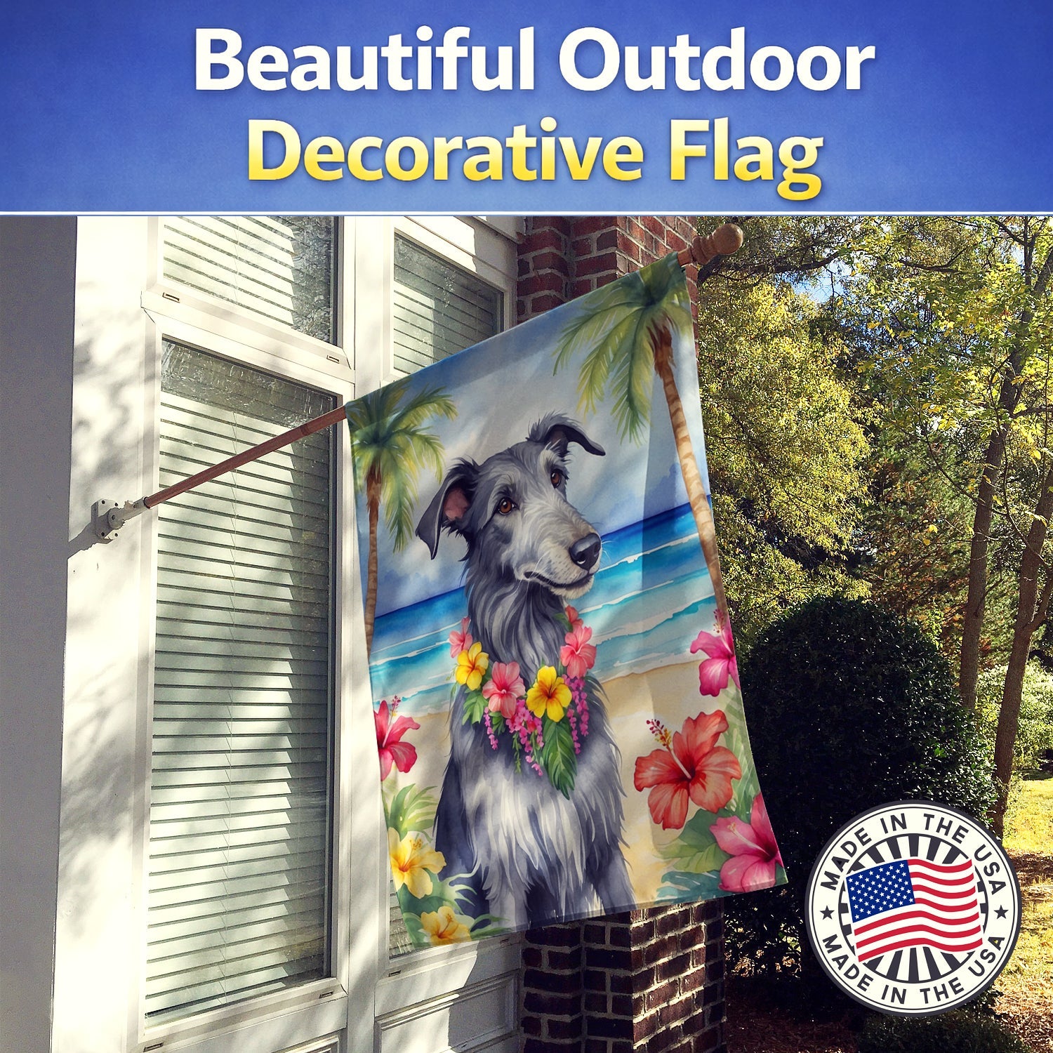Scottish Deerhound Luau House Flag 28x40 Porch Sleeve Pole Decorative Outside Yard Banner Artwork Wall Hanging, Polyester