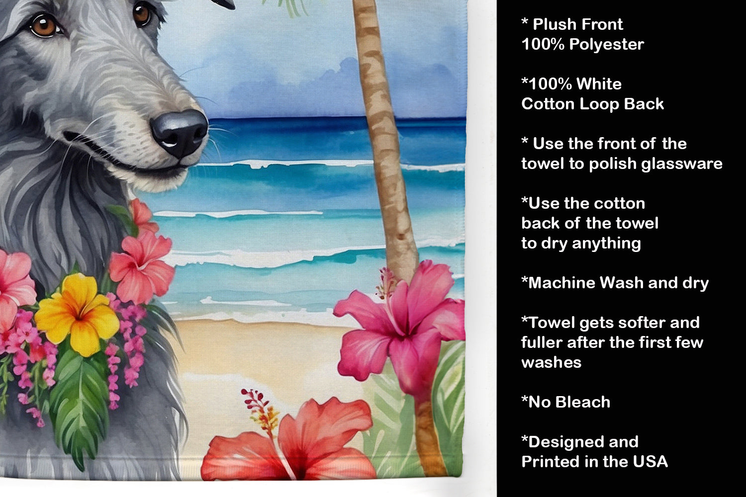 Scottish Deerhound Luau Kitchen Towel Velour Plush Front and Cotton Loop Back Machine Washable