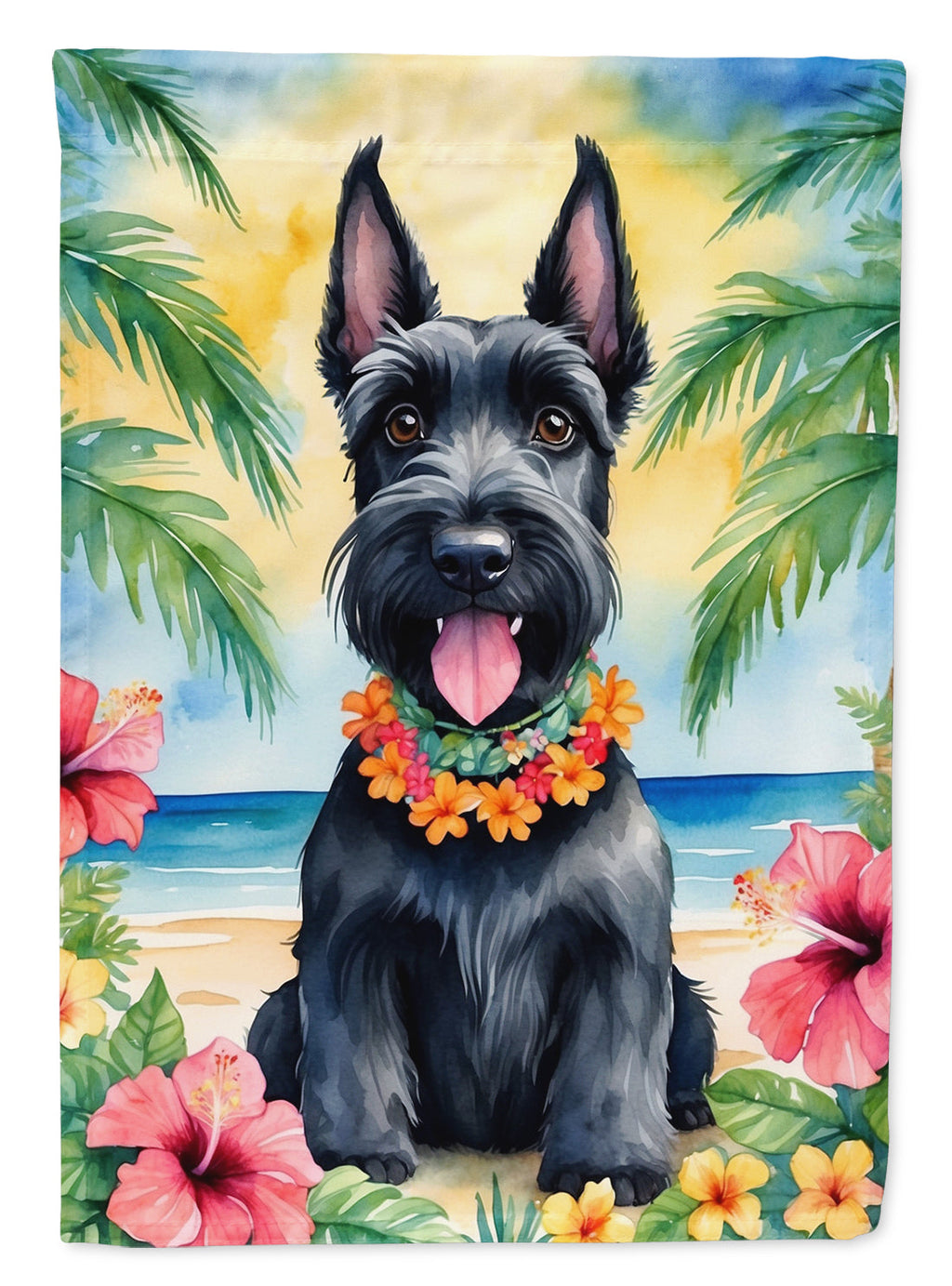 Scottish Terrier Luau House Flag 28x40 Porch Sleeve Pole Decorative Outside Yard Banner Artwork Wall Hanging, Polyester