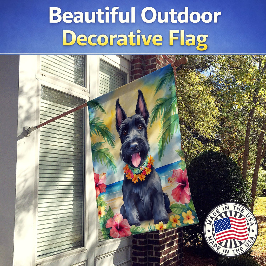 Scottish Terrier Luau House Flag 28x40 Porch Sleeve Pole Decorative Outside Yard Banner Artwork Wall Hanging, Polyester