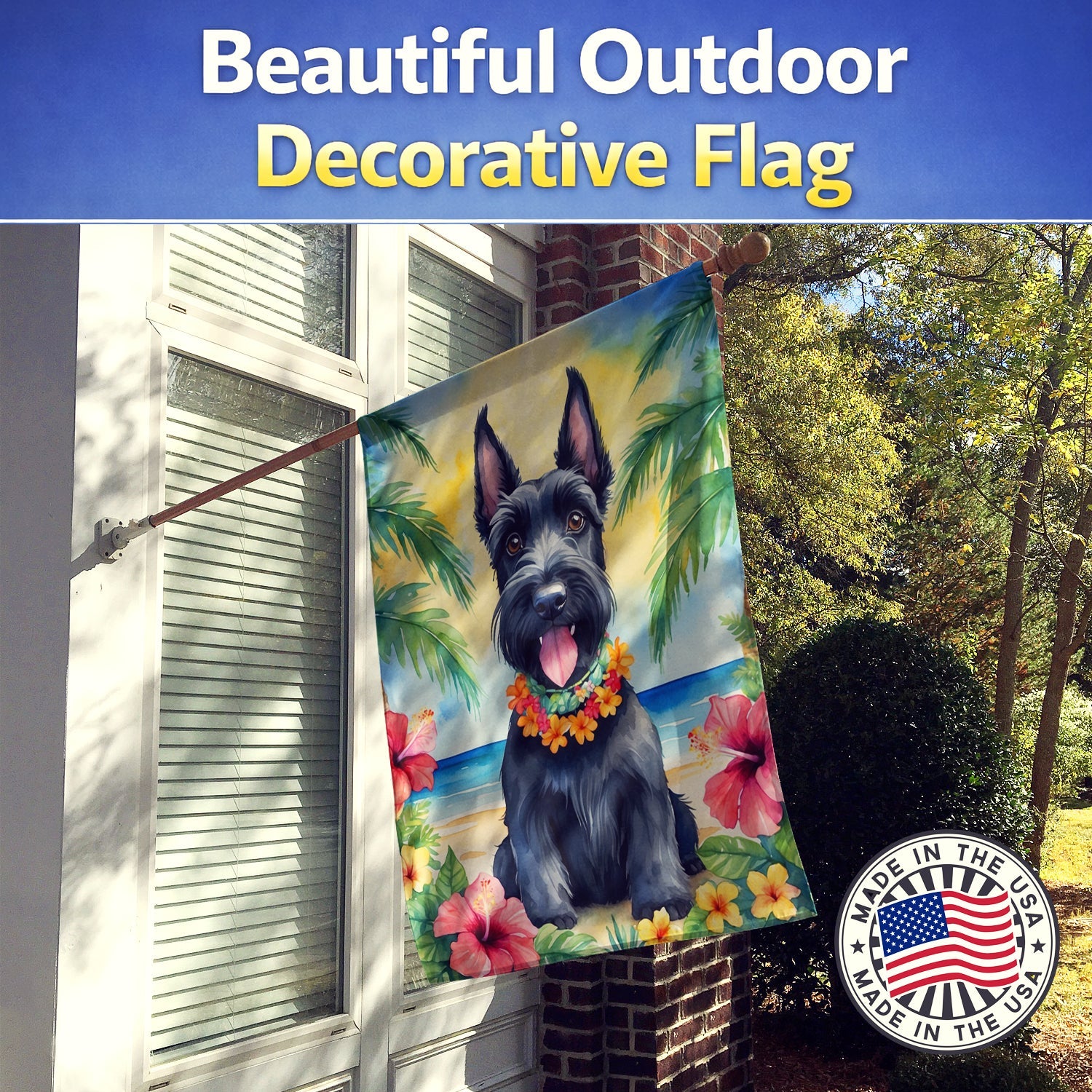 Scottish Terrier Luau House Flag 28x40 Porch Sleeve Pole Decorative Outside Yard Banner Artwork Wall Hanging, Polyester