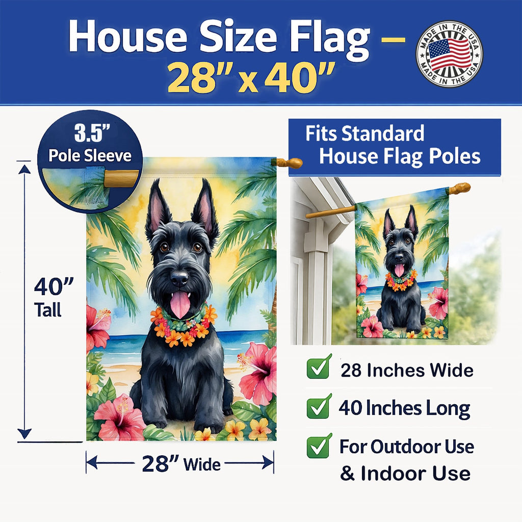 Scottish Terrier Luau House Flag 28x40 Porch Sleeve Pole Decorative Outside Yard Banner Artwork Wall Hanging, Polyester
