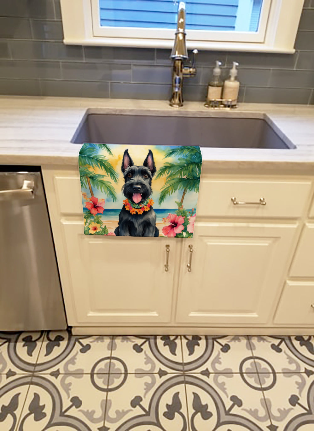 Scottish Terrier Luau Kitchen Towel Velour Plush Front and Cotton Loop Back Machine Washable