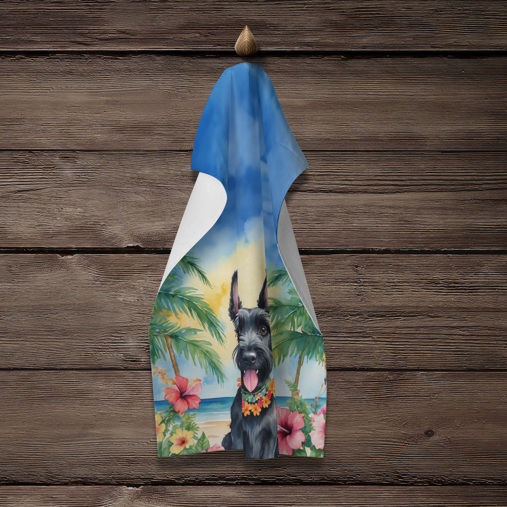 Scottish Terrier Luau Kitchen Towel Velour Plush Front and Cotton Loop Back Machine Washable
