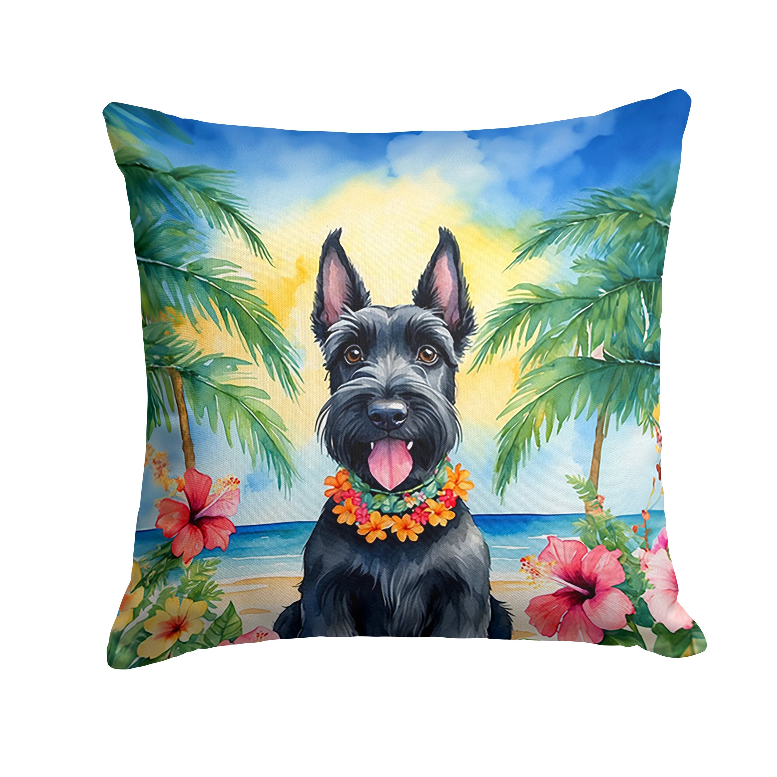 Scottish Terrier Luau Decorative Throw Pillow 14x14 Indoor Outdoor Accent Cushion, Fabric Cover with Insert for Sofa, Bed, Porch & Living Room