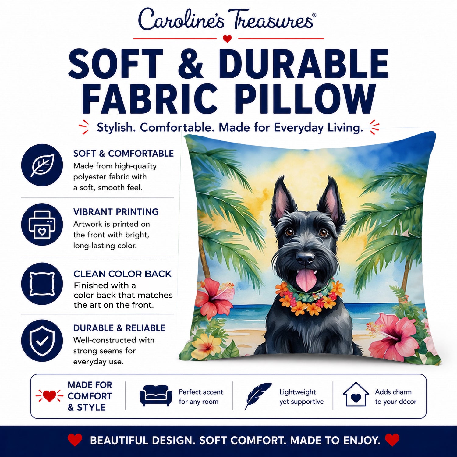 Scottish Terrier Luau Decorative Throw Pillow 14x14 Indoor Outdoor Accent Cushion, Fabric Cover with Insert for Sofa, Bed, Porch & Living Room